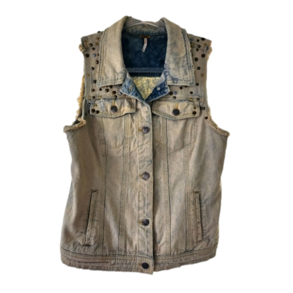 Free People Studded Washed Denim Vest in Light Blue